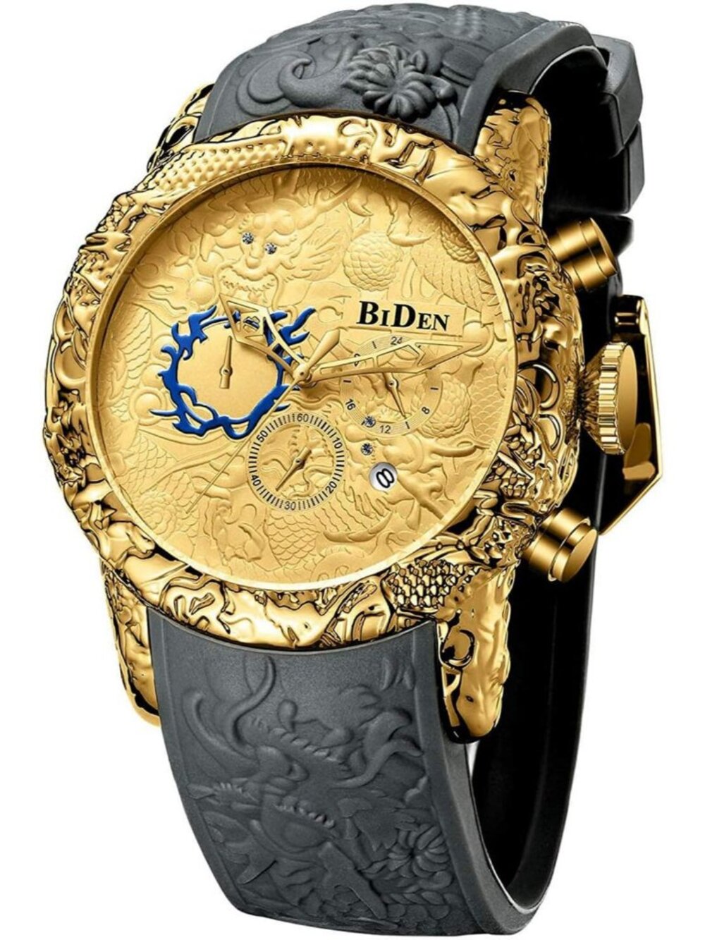 Men's Grey Gold Analog Quartz Big Dial 3D Sculpture Dragon Luxury Wrist Watch